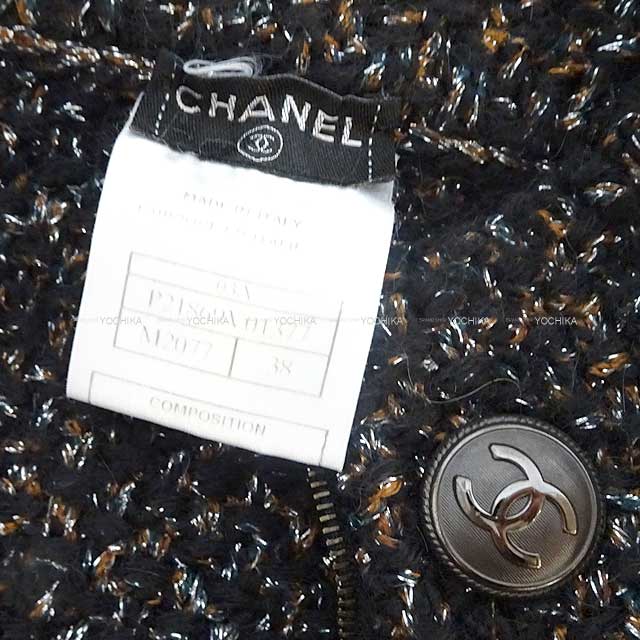 [Pre-loved] CHANEL Jacket COCO Mark Button Zip-up Stand collar Tweed #38 Noir (Black) Alpaca/Wool/Polyester Antique Silver HW P21869[LIKE NEW][Authentic]