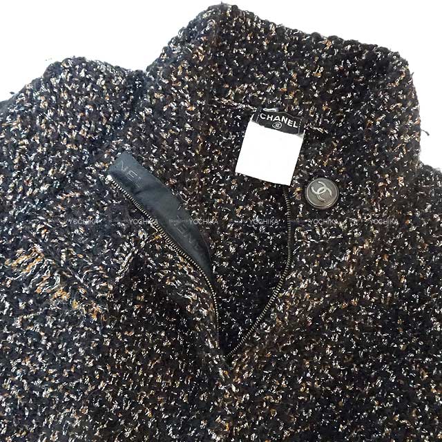 [Pre-loved] CHANEL Jacket COCO Mark Button Zip-up Stand collar Tweed #38 Noir (Black) Alpaca/Wool/Polyester Antique Silver HW P21869[LIKE NEW][Authentic]