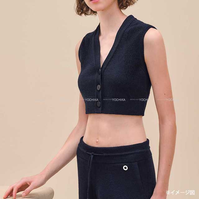 2024 SS NEW HERMES Cardigan V neck no sleeve short sleeve less #38 Blue noir Cashmere100%[BRAND NEW][Authentic]