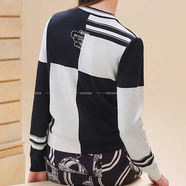 2024 SS NEW HERMES Knit Long sleeve Sweater jacquard en Desordre #34 Blue noir Silk92%/Nylon6%/Polyurethane2%[BRAND NEW][Authentic]