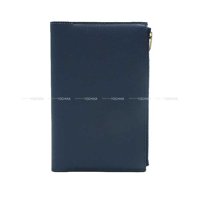 HERMES Notebook cover Notebllk Cover EA Zipper A6 Size with notes Bleu Encre/Vert Bosphore Veau Swift Stamp Y[EXCELLENT][Authentic]