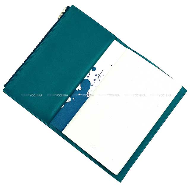 HERMES Notebook cover Notebllk Cover EA Zipper A6 Size with notes Bleu Encre/Vert Bosphore Veau Swift Stamp Y[EXCELLENT][Authentic]