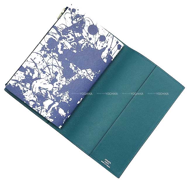 HERMES Notebook cover Notebllk Cover EA Zipper A6 Size with notes Bleu Encre/Vert Bosphore Veau Swift Stamp Y[EXCELLENT][Authentic]