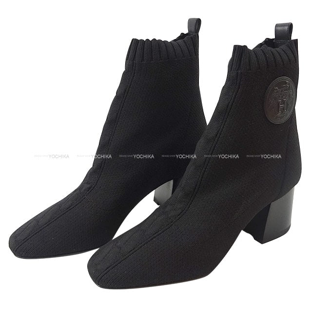 HERMES boots Short Boots Volver 60 Noir (Black) Knit/Box Calf #35[BRAND NEW][Authentic]