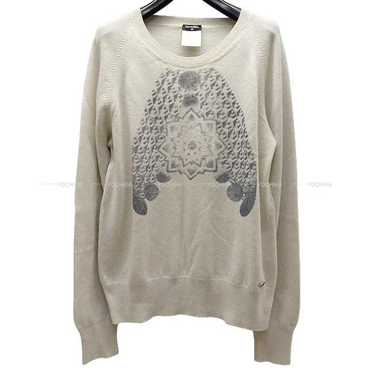 [Pre-loved] CHANEL Sweater Long sleeves knit Print Blanc (White)/Navy Cashmere100% P44144[LIKE NEW][Authentic]