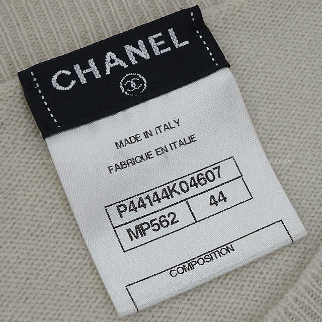 [Pre-loved] CHANEL Sweater Long sleeves knit Print Blanc (White)/Navy Cashmere100% P44144[LIKE NEW][Authentic]