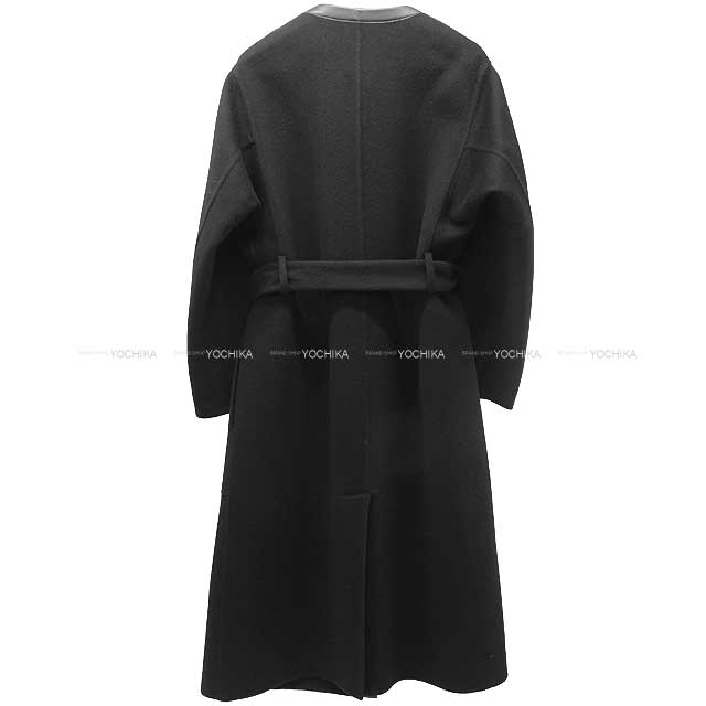 2019 AW HERMES Sellier Button Leather Piping Belt Long Gown Wrap Coat #34 Noir (Black) Cashmere100%/Lambskin Silver HW[EXCELLENT][Authentic]