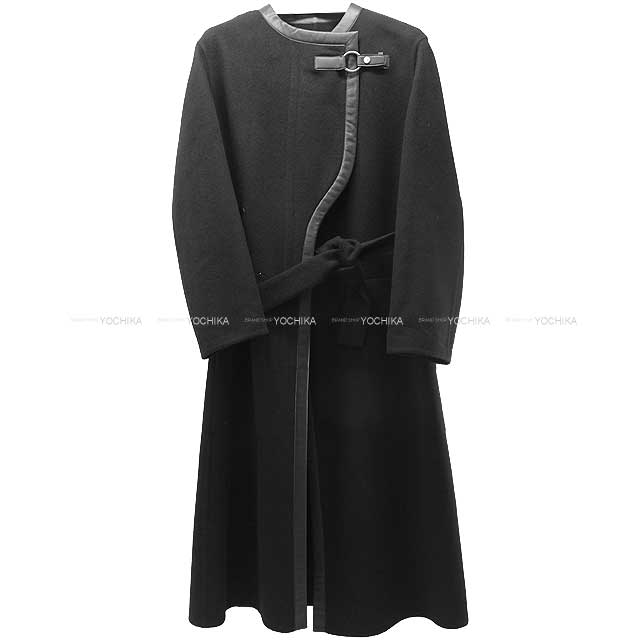 2019 AW HERMES Sellier Button Leather Piping Belt Long Gown Wrap Coat #34 Noir (Black) Cashmere100%/Lambskin Silver HW[EXCELLENT][Authentic]