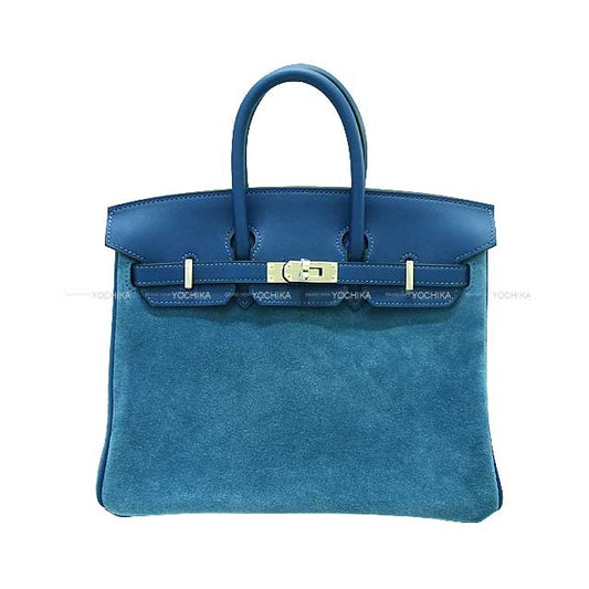 HERMES Handbag Birkin25 Bleu Thalassa Buffle/Evercalf Silver HW Stamp Z[EXCELLENT][Authentic]