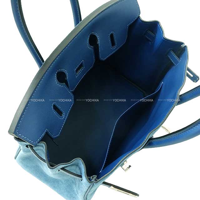 HERMES Handbag Birkin25 Bleu Thalassa Buffle/Evercalf Silver HW Stamp Z[EXCELLENT][Authentic]