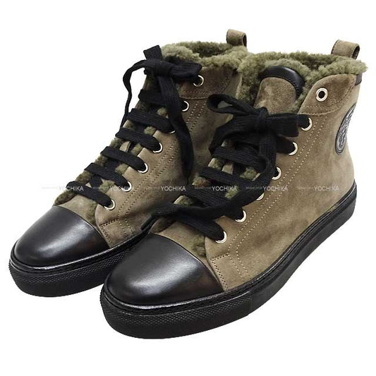 HERMES sneakers Highcut Jimmy #37.5 Kaki/Noir (Black) Suede/Mouton 37.5[EXCELLENT][Authentic]