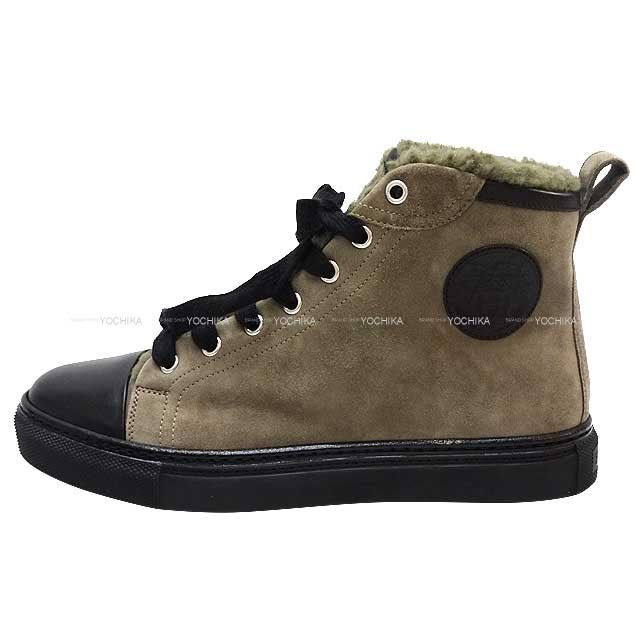 HERMES sneakers Highcut Jimmy #37.5 Kaki/Noir (Black) Suede/Mouton 37.5[EXCELLENT][Authentic]