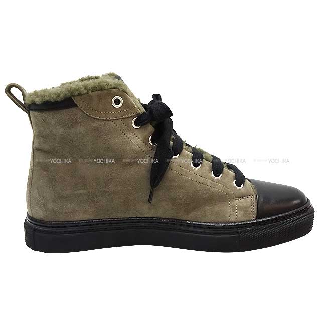 HERMES sneakers Highcut Jimmy #37.5 Kaki/Noir (Black) Suede/Mouton 37.5[EXCELLENT][Authentic]