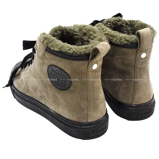HERMES sneakers Highcut Jimmy #37.5 Kaki/Noir (Black) Suede/Mouton 37.5[EXCELLENT][Authentic]