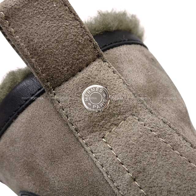 HERMES sneakers Highcut Jimmy #37.5 Kaki/Noir (Black) Suede/Mouton 37.5[EXCELLENT][Authentic]