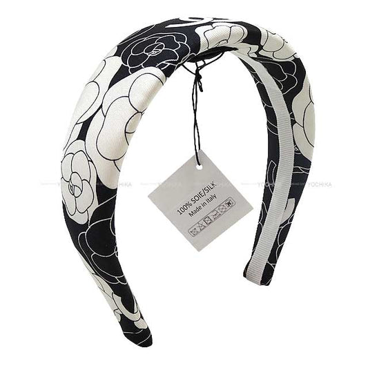 2023 AW CHANEL Headband Camellia pattern Coco mark Noir (Black)/Blanc (White) Silk100% AA9574[BRAND NEW][Authentic]