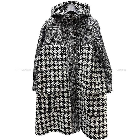 2016 CHANEL Pea coat Hood Tweed Houndstooth Noir (Black) /Ecru Acrylic/Wool Metal Silver HW P54586[EXCELLENT][Authentic]