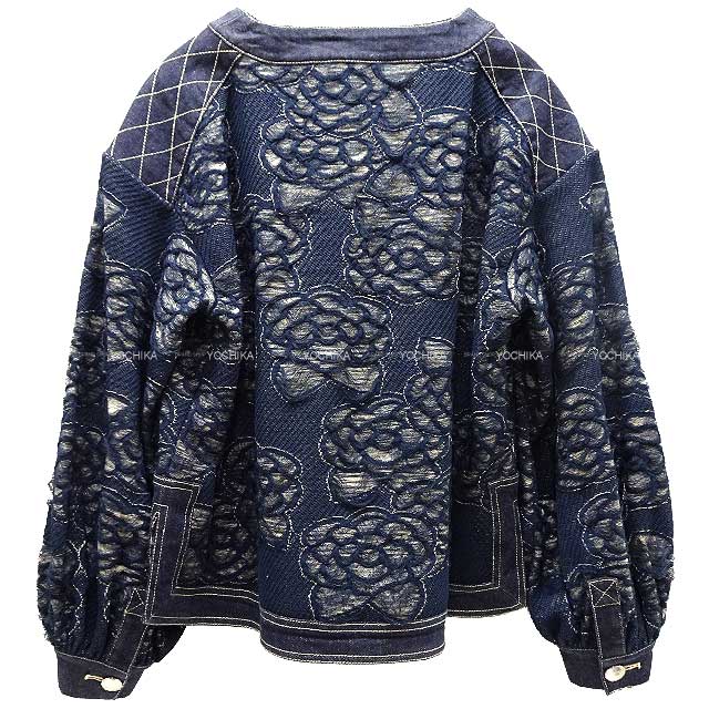 CHANEL Blouson Camellia Pattern 38/40 Indigo Blue Paper 55%/Cotton 33%/Nylon 12% 38/40 Length (front): 21.7" Length (back): 23.6" P58977[EXCELLENT][Authentic]