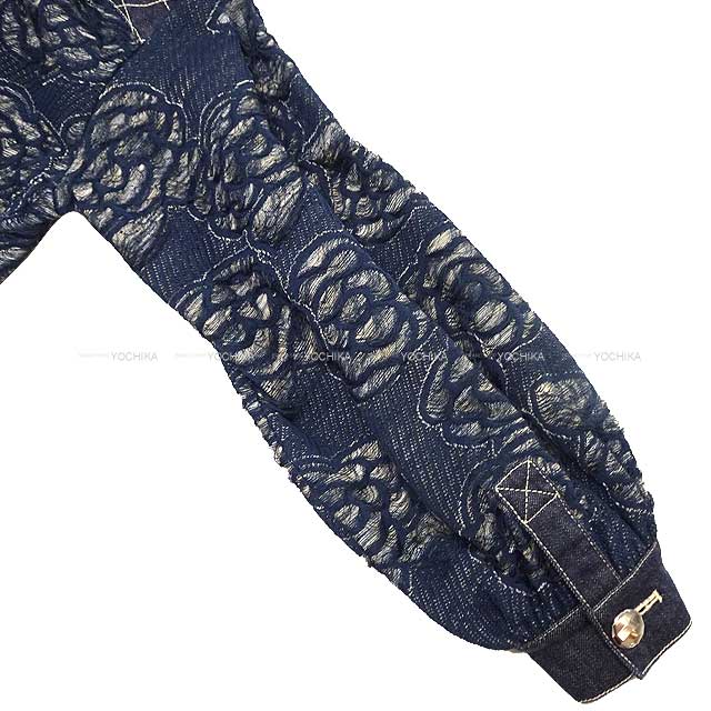 CHANEL Blouson Camellia Pattern 38/40 Indigo Blue Paper 55%/Cotton 33%/Nylon 12% 38/40 Length (front): 21.7" Length (back): 23.6" P58977[EXCELLENT][Authentic]