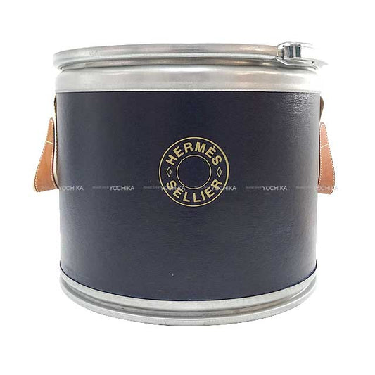 HERMES Interior Sellier Saddle box Small Harness case Side table Navy Recycle paper/Metal Mat Silver HW[EXCELLENT][Authentic]