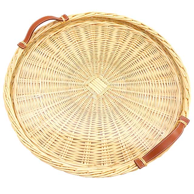 HERMES Oseraie Picnic Tray with Glass Large Terre Battue Rattan/Swift[EXCELLENT][Authentic]