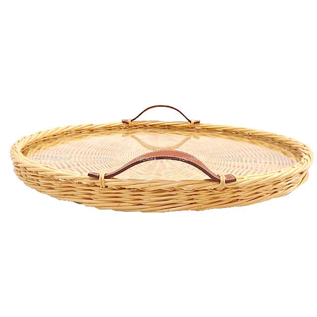 HERMES Oseraie Picnic Tray with Glass Large Terre Battue Rattan/Swift[EXCELLENT][Authentic]