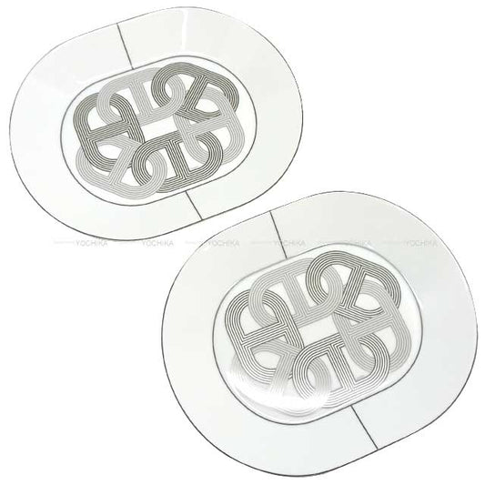 HERMES Plate Oval plate Deletion FALLYE24 Large30 2 plate Blanc (White)/Grey Porcelain[EXCELLENT][Authentic]