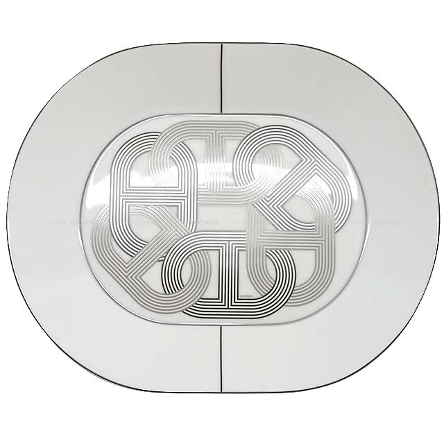 HERMES Plate Oval plate Deletion FALLYE24 Large30 2 plate Blanc (White)/Grey Porcelain[EXCELLENT][Authentic]