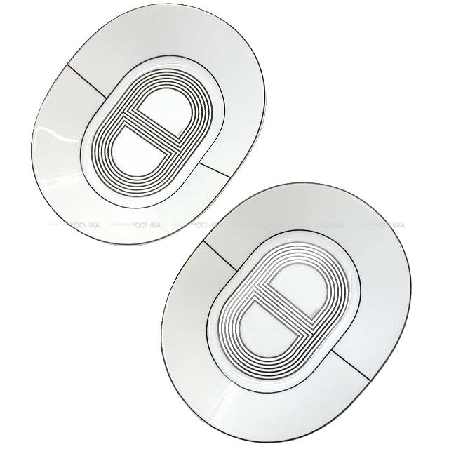 HERMES Plate Oval Plate Deletion FALLYE24 Medium 22 2 late Plate Blanc (White)/Grey Porcelain[EXCELLENT][Authentic]