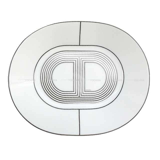 HERMES Plate Oval Plate Deletion FALLYE24 Medium 22 2 late Plate Blanc (White)/Grey Porcelain[EXCELLENT][Authentic]