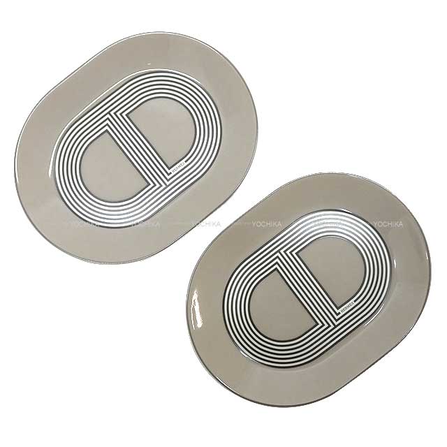 HERMES Plate Oval Plate Deletion FALLYE24 Mini 15 2 Plate Beige/Grey/Blanc (White) Porcelain[EXCELLENT][Authentic]