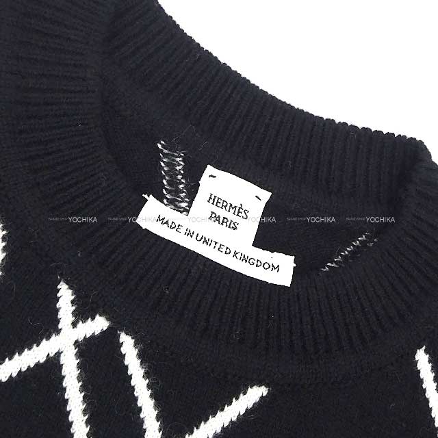 2022 SS HERMES Knit H rondo Longus sleeve Sweater #34 Noir (Black)/Blanc (White) Cashmere 34[EXCELLENT][Authentic]