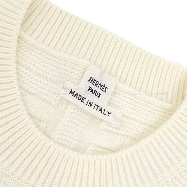 2022 AW HERMES Knit Ladies Sweater H Motif Rib Crew Neckline Lounge wear Voyage #34 Blanc/Natural Silk Mousseline100%[EXCELLENT][Authentic]