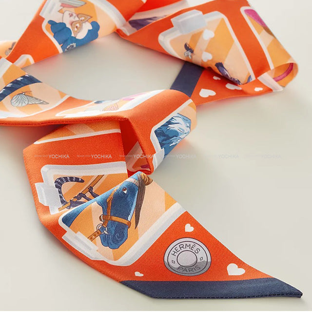 HERMES scarf Twilly Hermes Story Orange/Rose/Bleu Silk100%[BRAND NEW][Authentic]