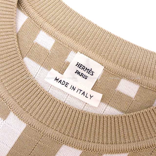 2024 SS HERMES One‐piece dress Knit No sleeve Short dress Identity Mosaique pattern #36 Beige Toast Silk 69%/ Cotton 22%/ Nylon 7%/ Polyurethane 2% 36 H4E2536DJ1S38[BRAND NEW][Authentic]