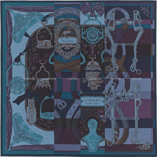 [Pre-loved] HERMES scarf Carre 140 Cavalleria d' Etries Blue Violet/Parm Cashmere70% / Silk30%[LIKE NEW][Authentic]