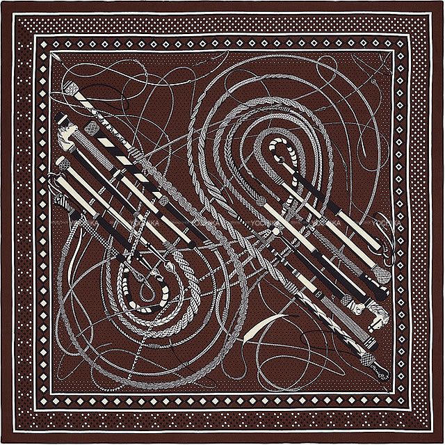 [Pre-loved] HERMES scarf Carre 140 Fouets et Badines Maron/Black/White Cashmere70% / Silk30%[LIKE NEW][Authentic]