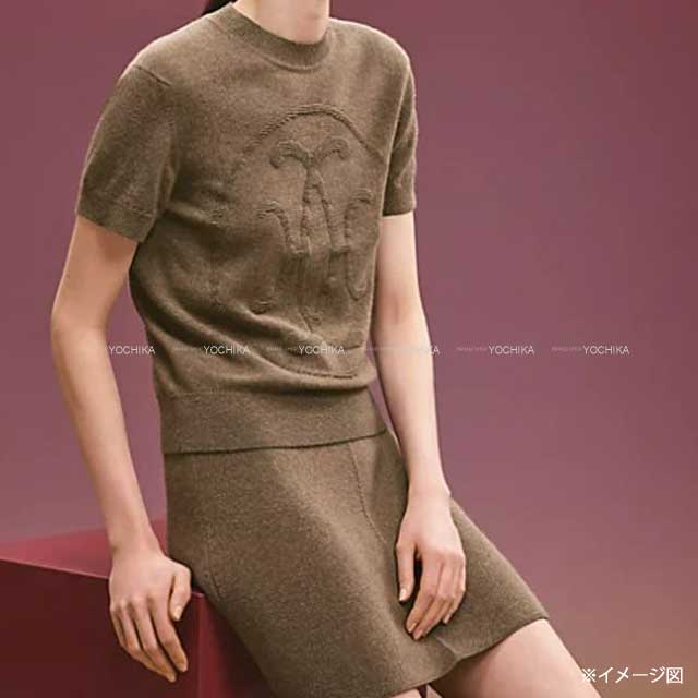 2022 AW HERMES Knit Sweater H lift Short Sleeves #34 Brown Cashmere100%[EXCELLENT][Authentic]