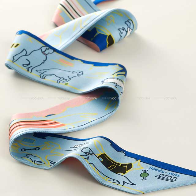 2024 SS HERMES scarf Twilly Parisian dog BlueCiel/Jaune/Rose Cotton100%[BRAND NEW][Authentic]
