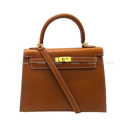 HERMES Shoulder bag Kelly25 Sellier Fauve Veau Barenia Gold HW Stamp U[EXCELLENT][Authentic]