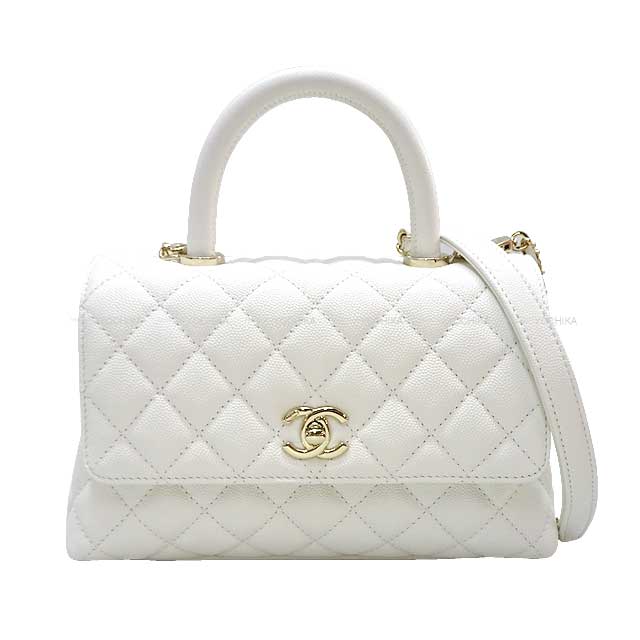 CHANEL Shoulder bag Matelasse COCO Handle XS 24 Top Handle Chain Blanc (White) Graind Calf(Caviarskin) Champagne Gold HW A92990[EXCELLENT][Authentic]