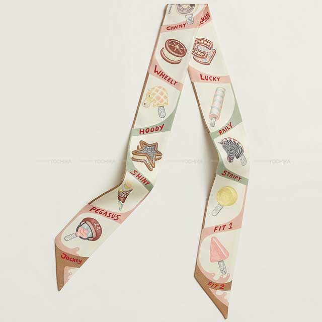 2024SS HERMES scarf Twilly Funny Ice Cream Beige/Cream/Vert Amande Silk100%[BRAND NEW][Authentic]