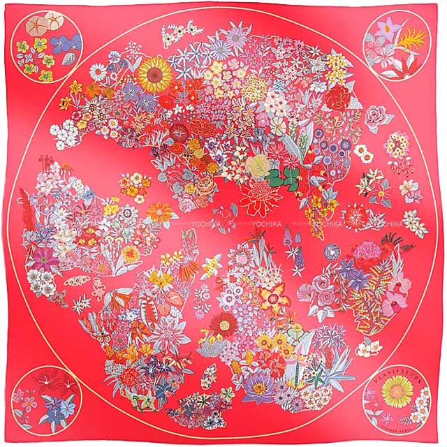 2023 AW HERMES scarf Carre 90 Planifleurs Rose vif/Vert/Multi Color Silk100%[EXCELLENT][Authentic]