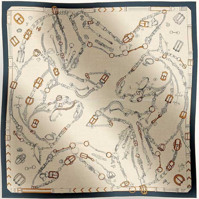 2024 SS NEW HERMES scarf Carre 140 LES CHEVAUX DE CHAINES Marine/Natural/Gris Cashmere70% / Silk30%[BRAND NEW][Authentic]