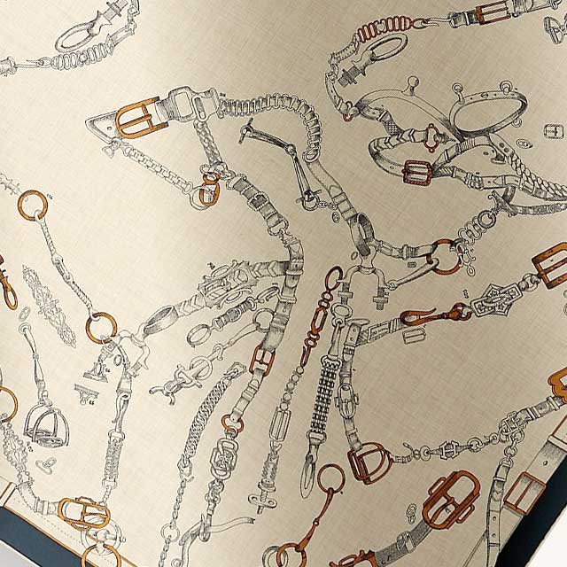 2024 SS NEW HERMES scarf Carre 140 LES CHEVAUX DE CHAINES Marine/Natural/Gris Cashmere70% / Silk30%[BRAND NEW][Authentic]