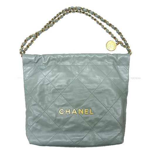 2022 CHANEL Handbag Chanel 22 matelasse with medal charm small hobo Light gray Lambskin Gold HW AS3260[EXCELLENT][Authentic]