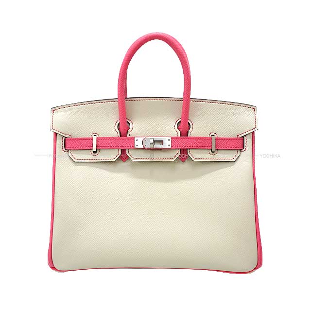 HERMES Handbag Birkin25 Personal order with initials engraved Craie/Rose Azalee Ever Grain Mat Silver HW Stamp D[ALMOST NEW][Authentic]