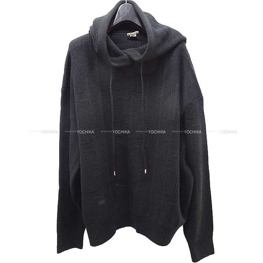 HERMES Sweater H motif Hooded Pullover Knit #44 Noir (Black) Fur 100% 44[EXCELLENT][Authentic]