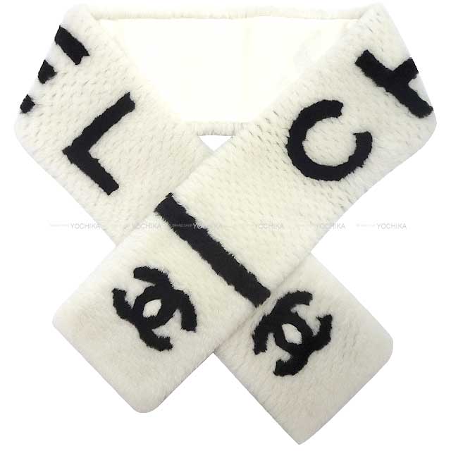 CHANEL muffler COCO Mark Logo Tippet White/Black Mouton[EXCELLENT][Authentic]