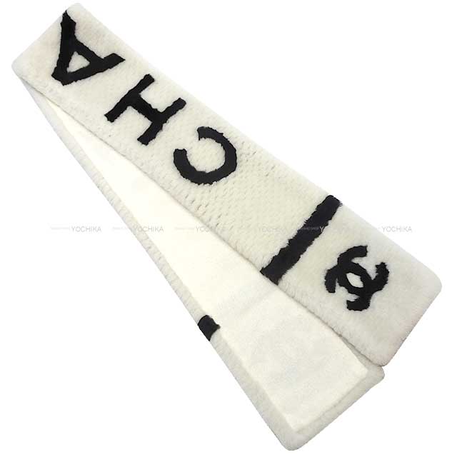 CHANEL muffler COCO Mark Logo Tippet White/Black Mouton[EXCELLENT][Authentic]